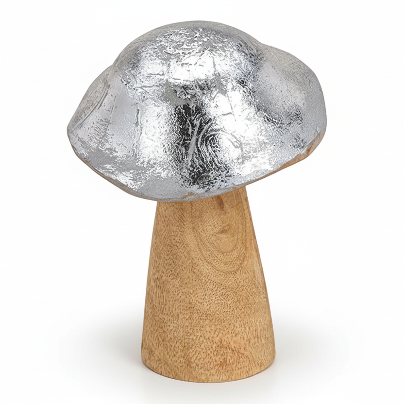 Dekofigur Pilz Holz Silber Braun - Herbst & Weihnachtsdeko
