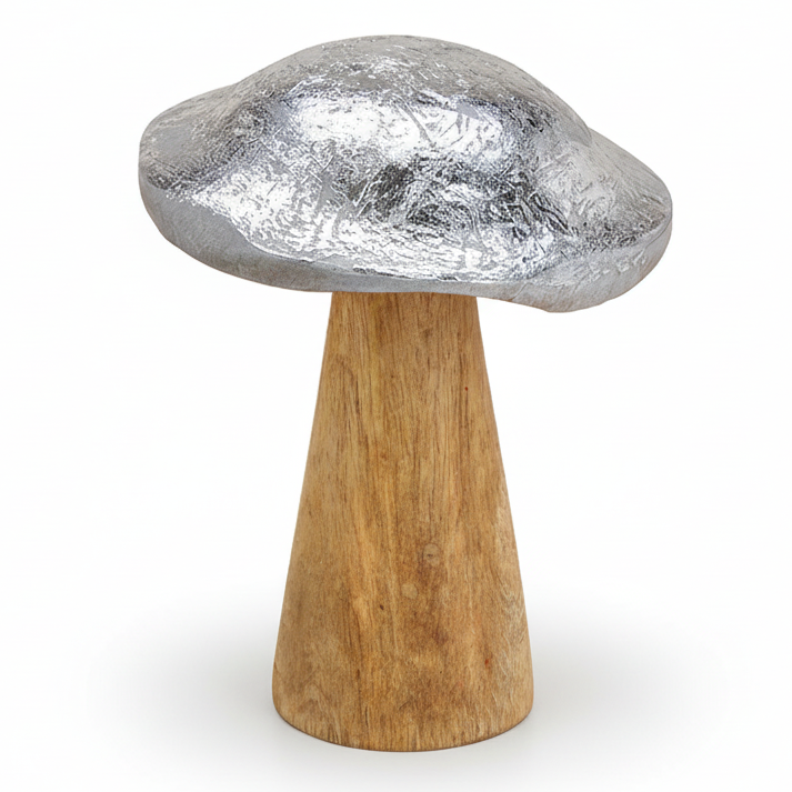 Dekofigur Pilz Holz Silber Braun - Herbst & Weihnachtsdeko