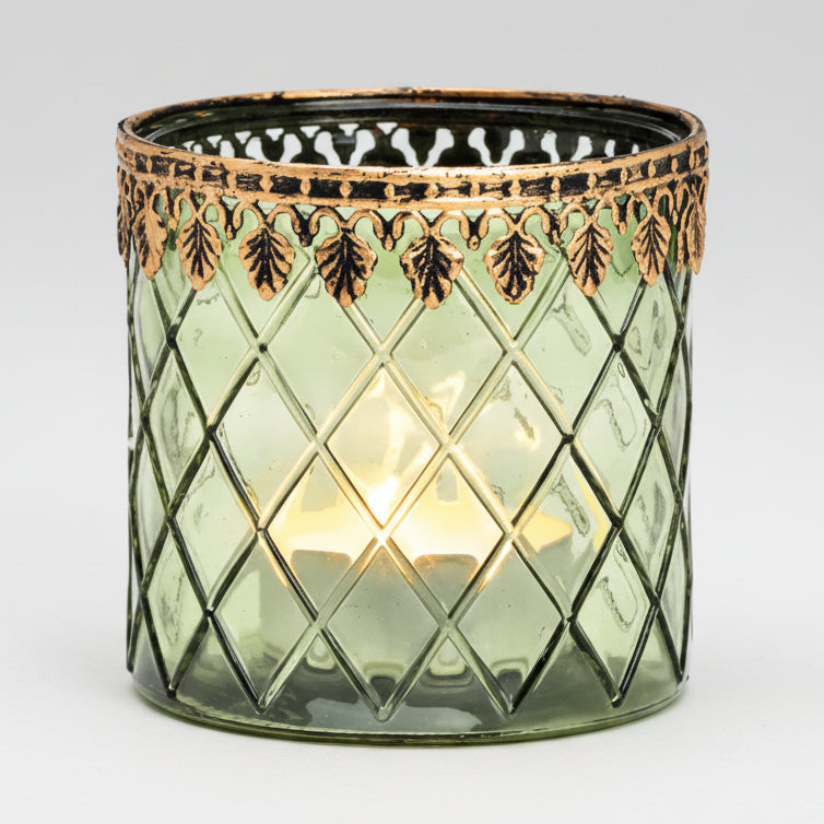 Windlicht Grün mit Metallrand – Stilvolles Glas-Teelichthalter