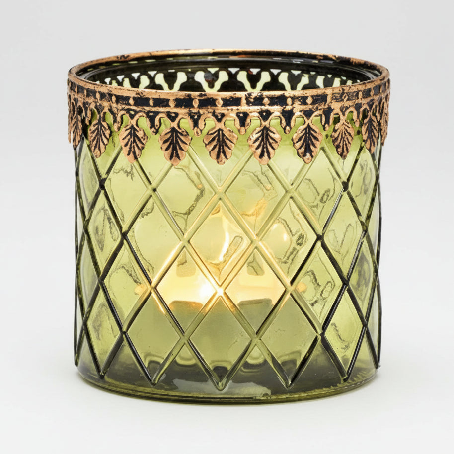Windlicht Grün mit Metallrand – Stilvolles Glas-Teelichthalter