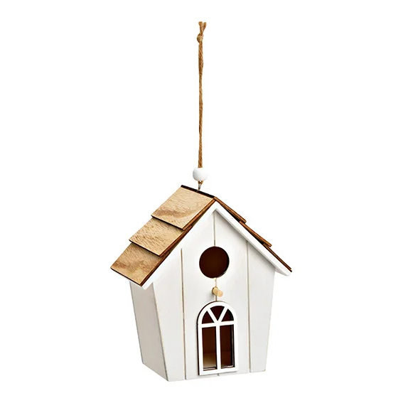 Deko-Vogelhaus Hänger aus Holz – Natur & Weiß 12x14x8 cm