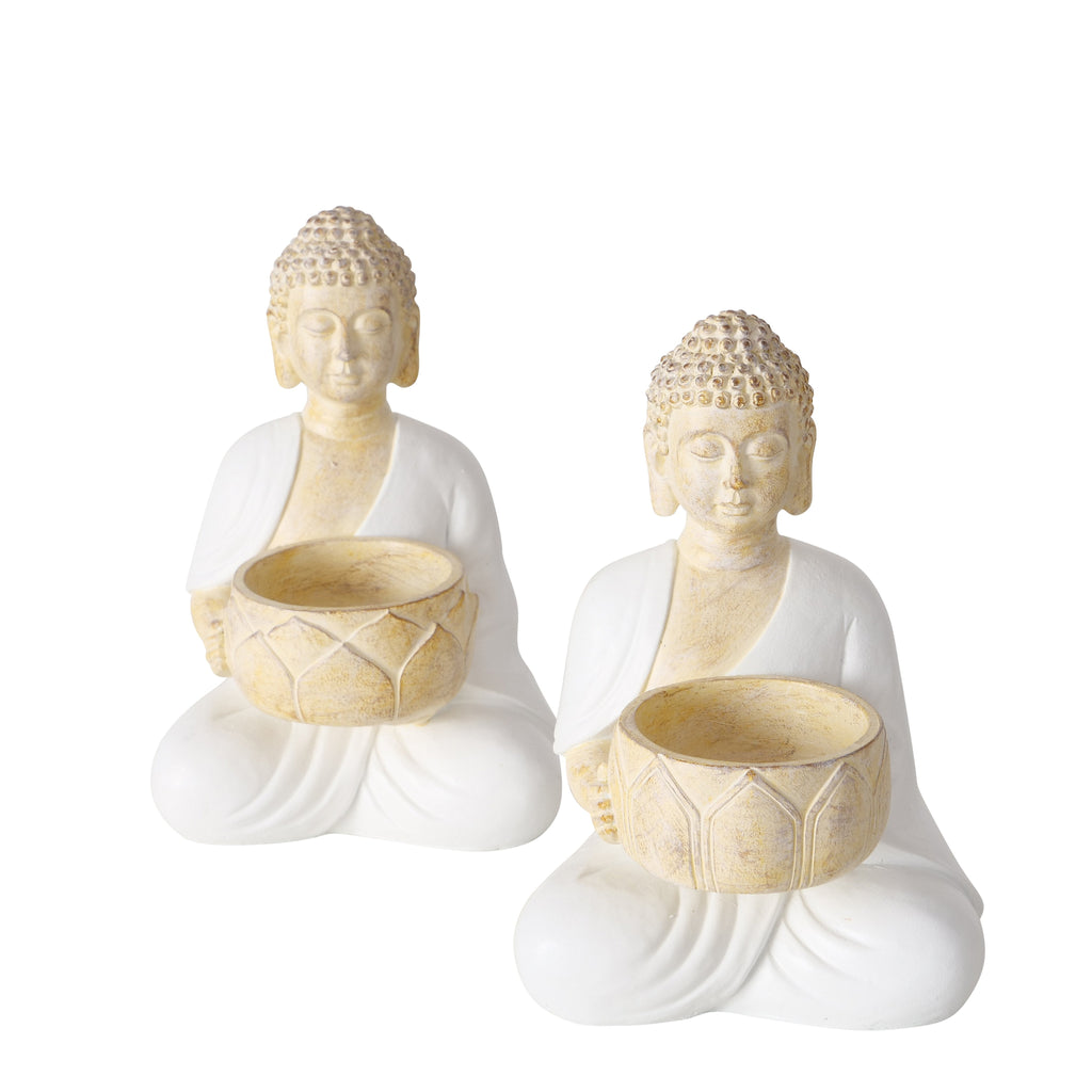 Buddha Teelichthalter Jamory – Handbemalte Deko in Beige & Weiß