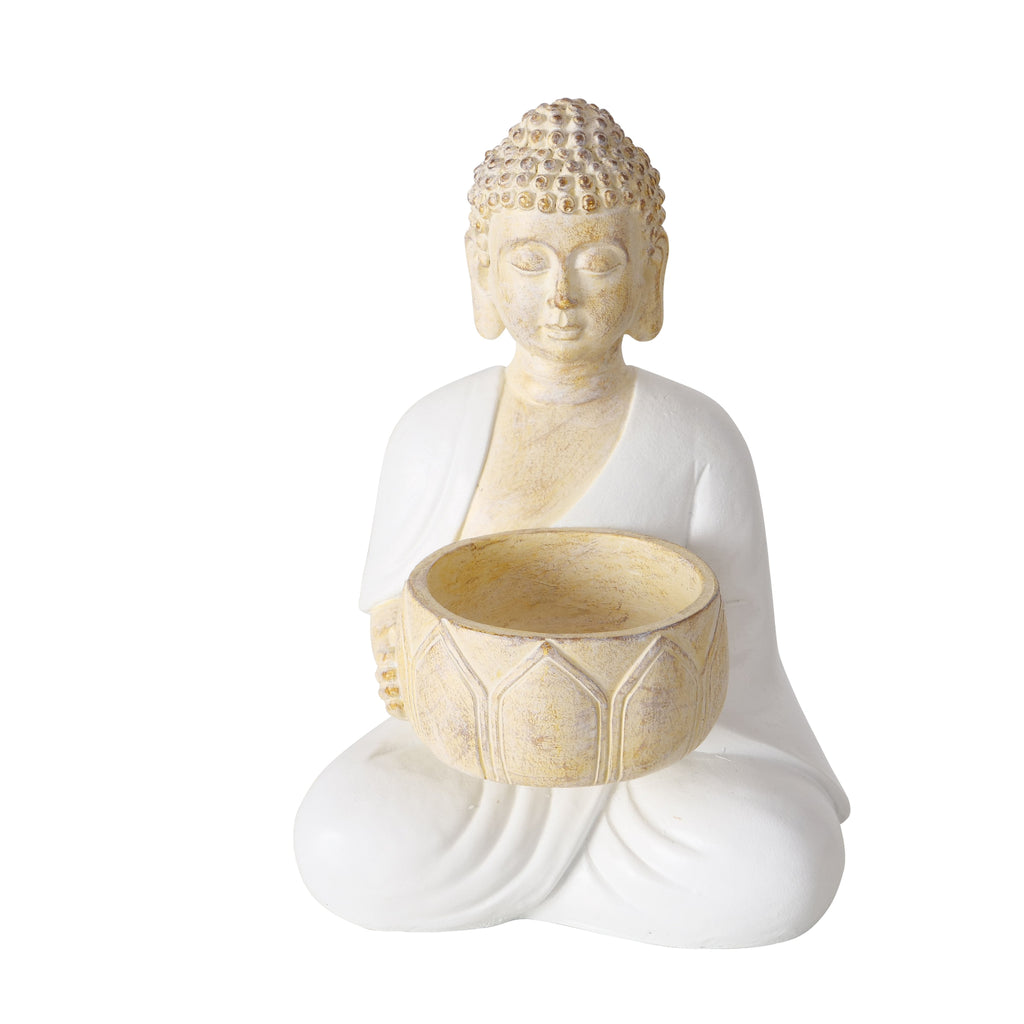 Buddha Teelichthalter Jamory – Handbemalte Deko in Beige & Weiß