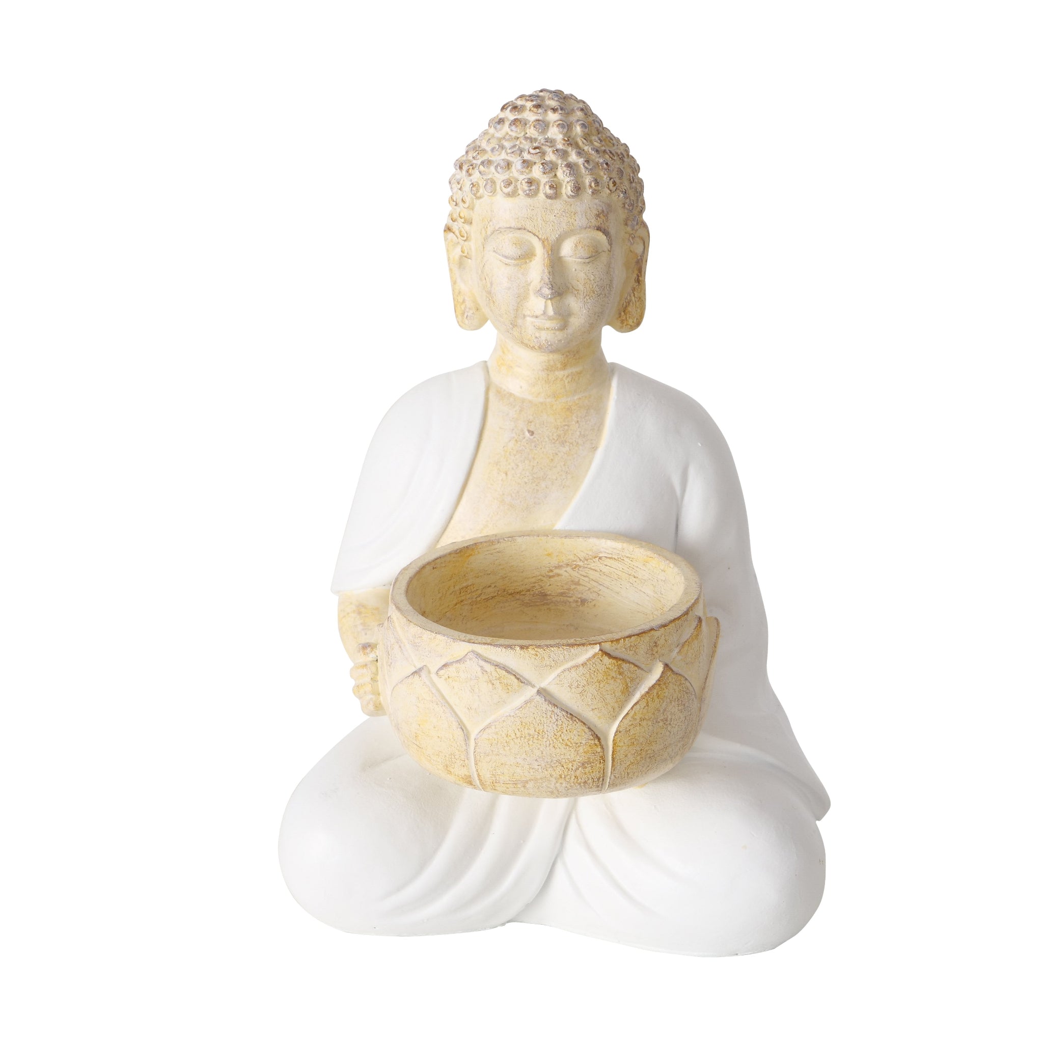 Buddha Teelichthalter Jamory – Handbemalte Deko in Beige & Weiß