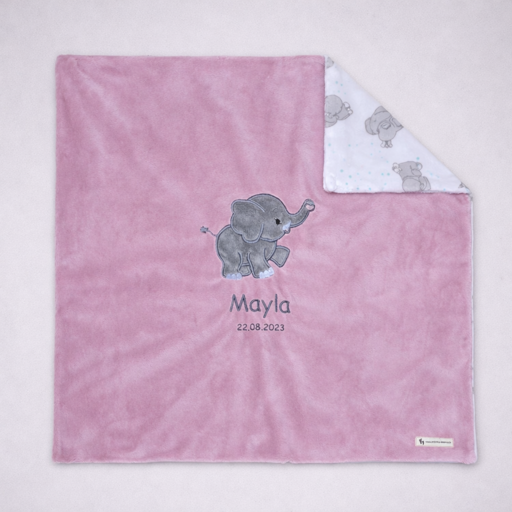 kuschelige Babydecke mit Elefantenmotiv in Altrosa aus Minky-Polyester in Grösse 73 x 73 cm Swiss Made