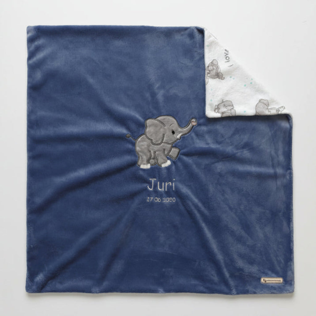 kuschelige Babydecke mit Elefantenmotiv in Jeansblau aus Minky-Polyester in Grösse 73 x 73 cm Swiss Made