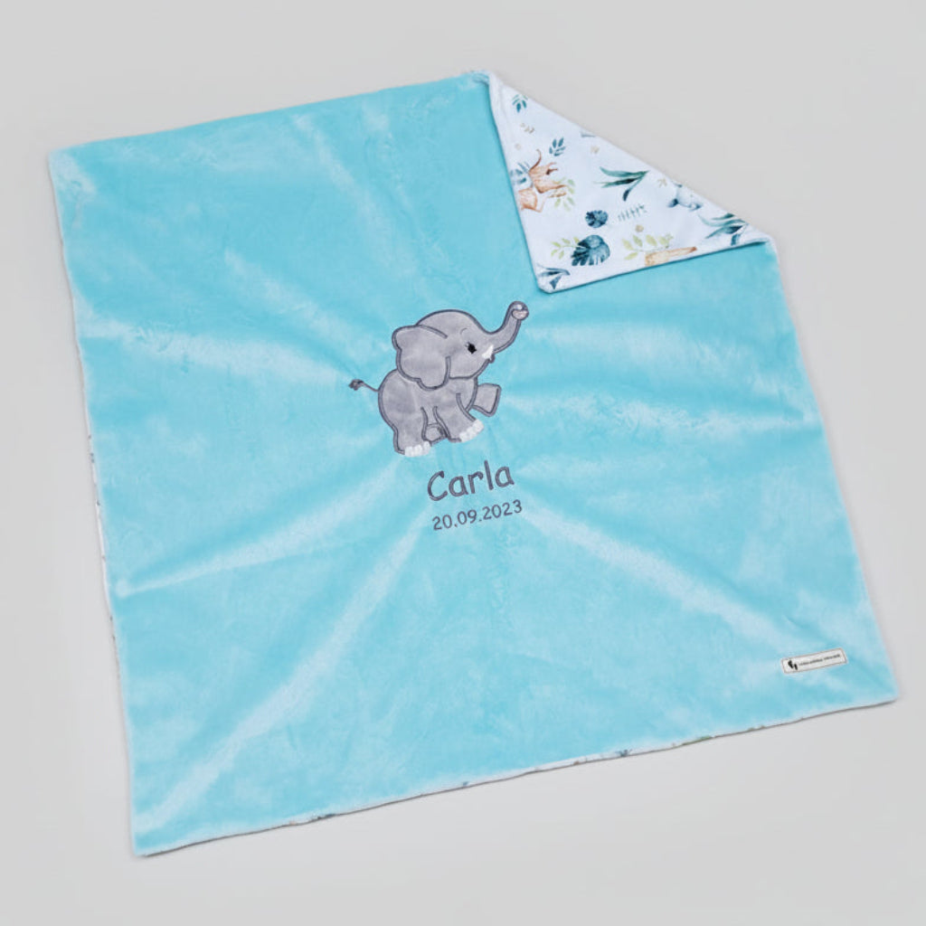 kuschelige Babydecke mit Elefantenmotiv in Mint aus Minky-Polyester in Grösse 73 x 73 cm Swiss Made