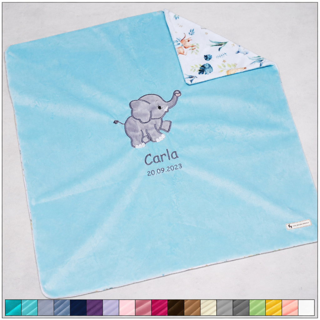 Personalisierte Babydecke als Geburtsgeschenk – kuschelige Minky-Decke mit Elefant-Applikation in Mint, 73 x 73 cm, bestickt mit Name und Geburtsdatum, Swiss Made