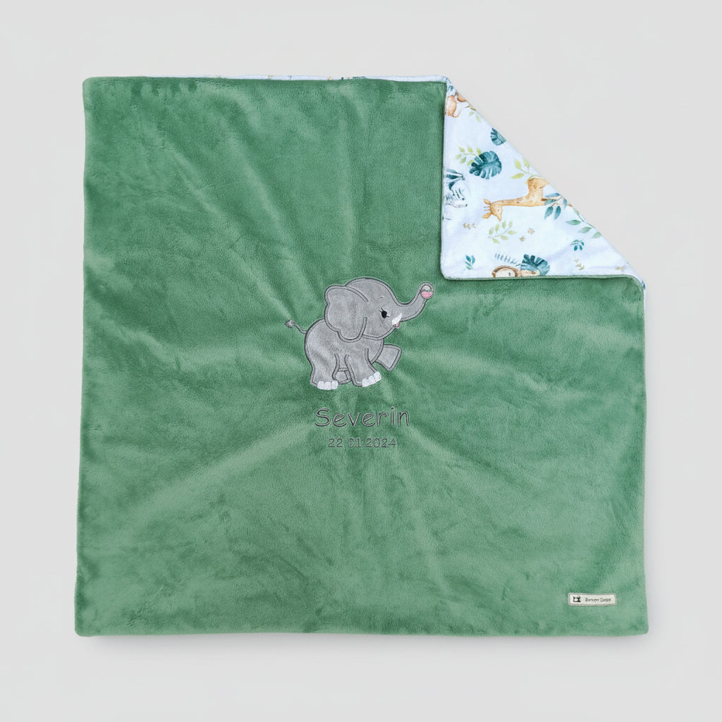kuschelige Babydecke mit Elefantenmotiv in Olive aus Minky-Polyester in Grösse 73 x 73 cm Swiss Made