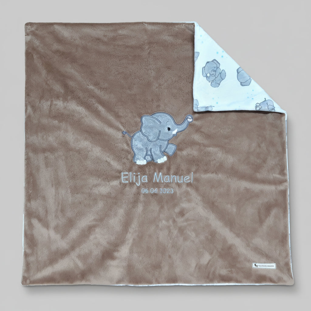 kuschelige Babydecke mit Elefantenmotiv in Taupe aus Minky-Polyester in Grösse 73 x 73 cm Swiss Made