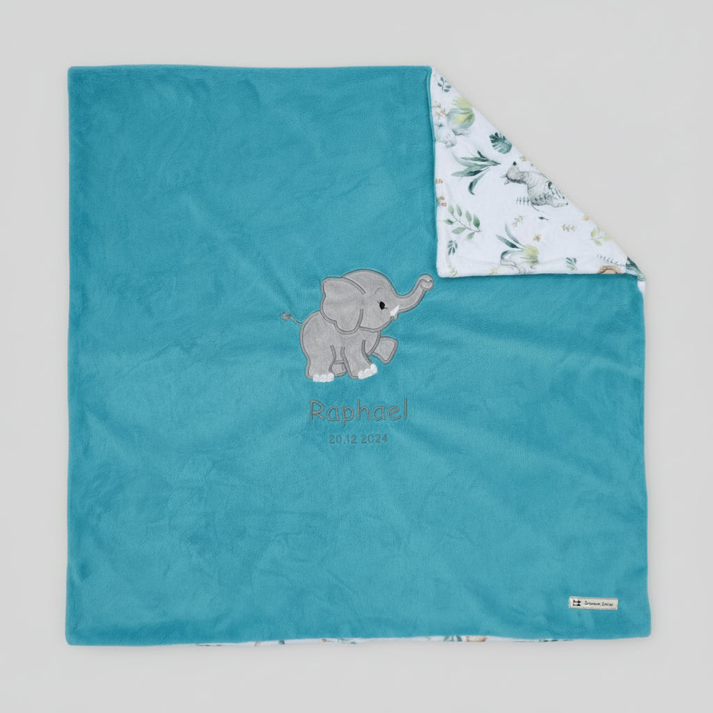 kuschelige Babydecke mit Elefantenmotiv in Tuerkis aus Minky-Polyester in Grösse 73 x 73 cm Swiss Made