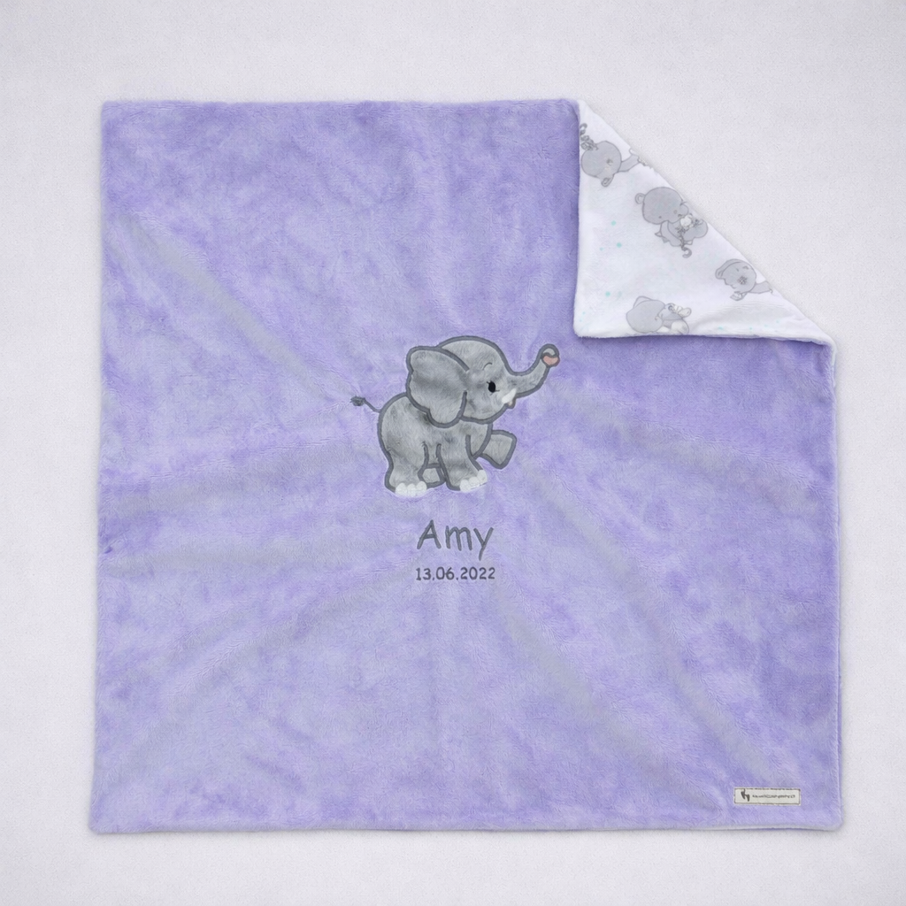 kuschelige Babydecke mit Elefantenmotiv in Lila aus Minky-Polyester in Grösse 73 x 73 cm Swiss Made