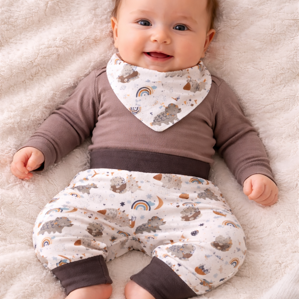 Babykleider aus Baumwolljersey mit Dinosauriermuster in weiss und braun, handgefertigt in der Schweiz, swiss made