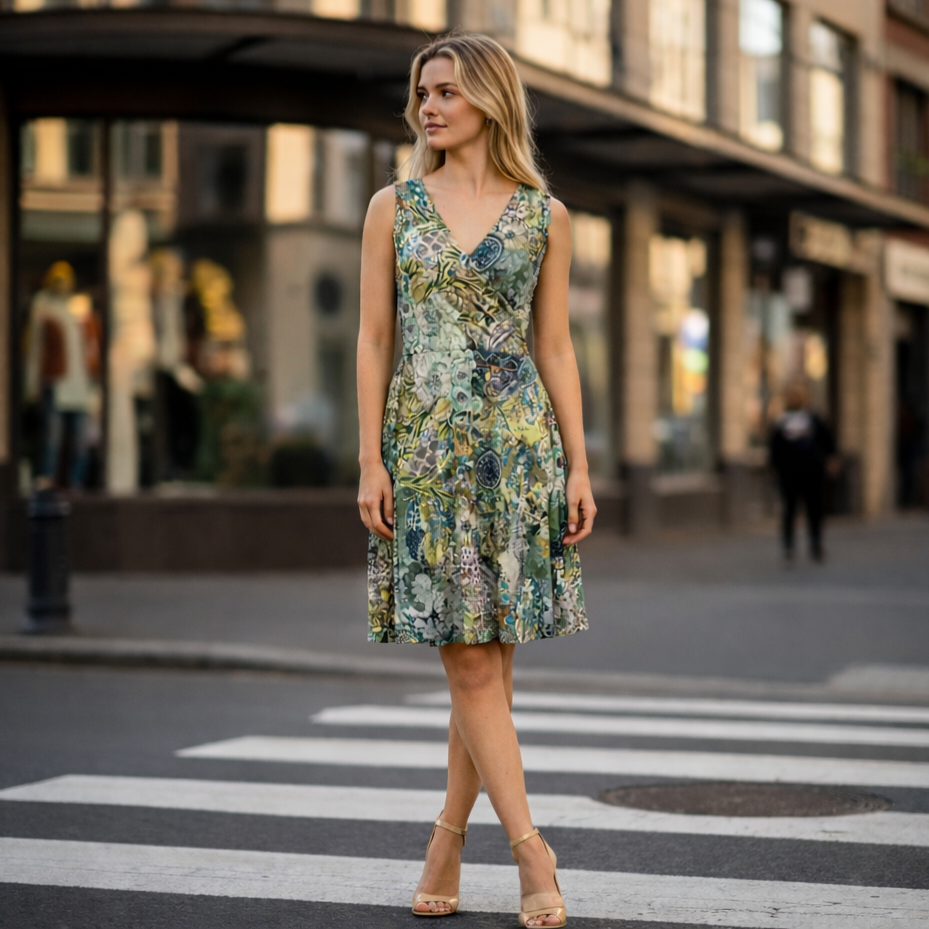 Grünes Damenkleid mit V-Ausschnitt aus Viskosejersey, handgefertigt in der Schweiz – Bronner Design