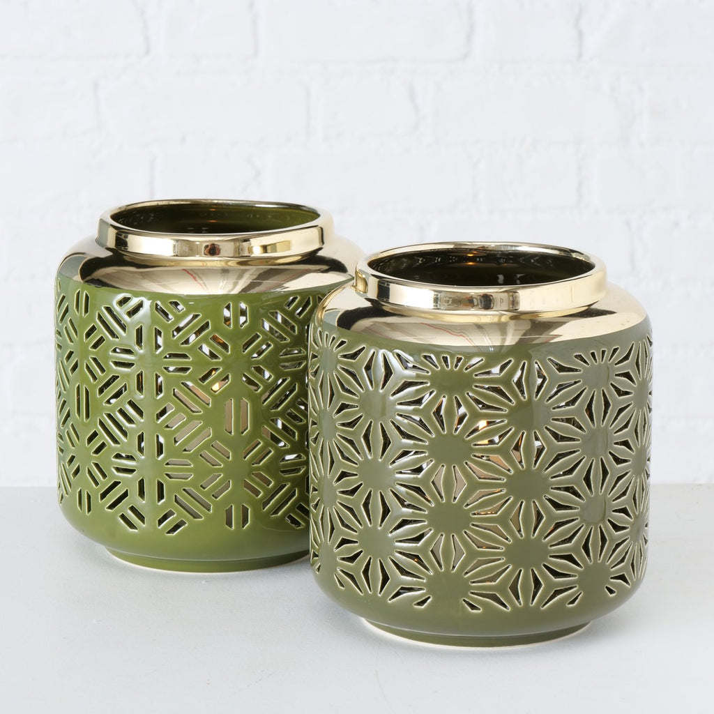 Windlicht Faise aus Keramik – Grün & Gold, 20 cm