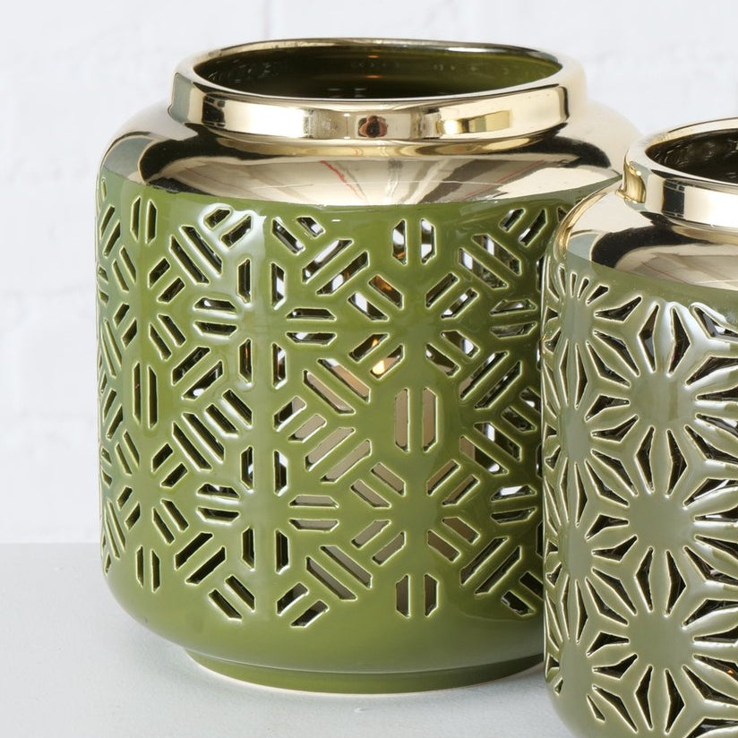 Windlicht Faise aus Keramik – Grün & Gold, 20 cm
