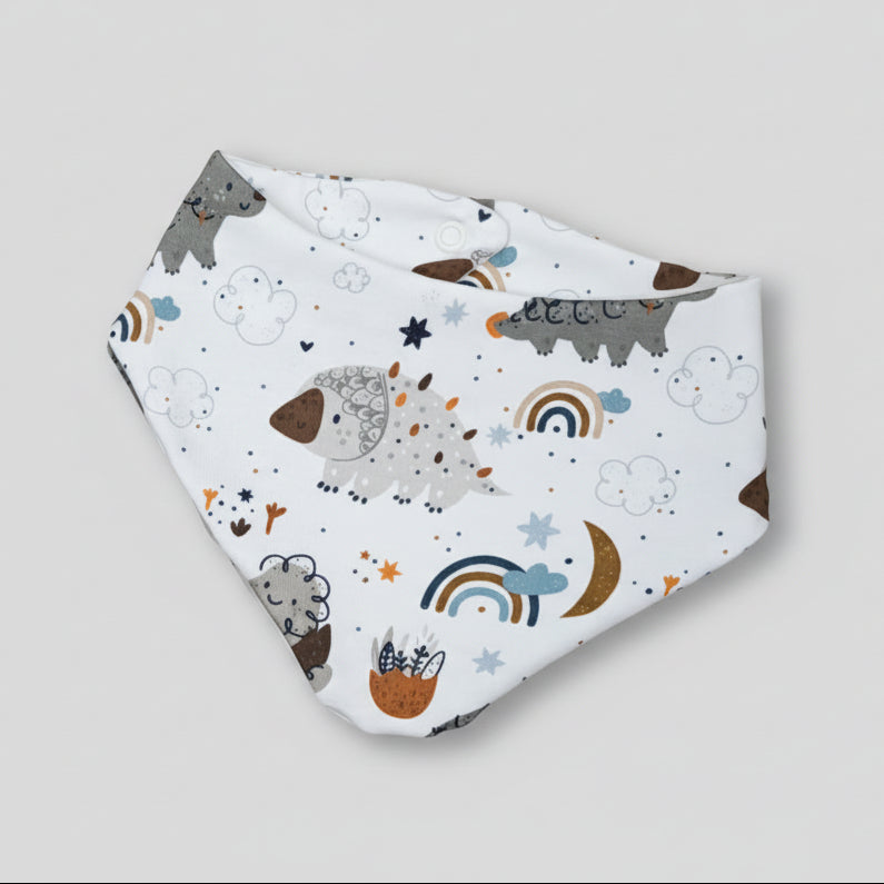 Dreiecktuch aus Baumwolljersey mit Dinosauriermuster in weiss und braun, handgefertigt in der Schweiz, swiss made