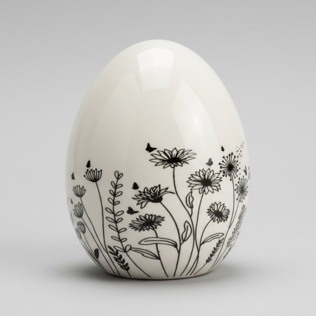 Osterei Wiesenblumen – Keramik Deko Schwarz-Weiß