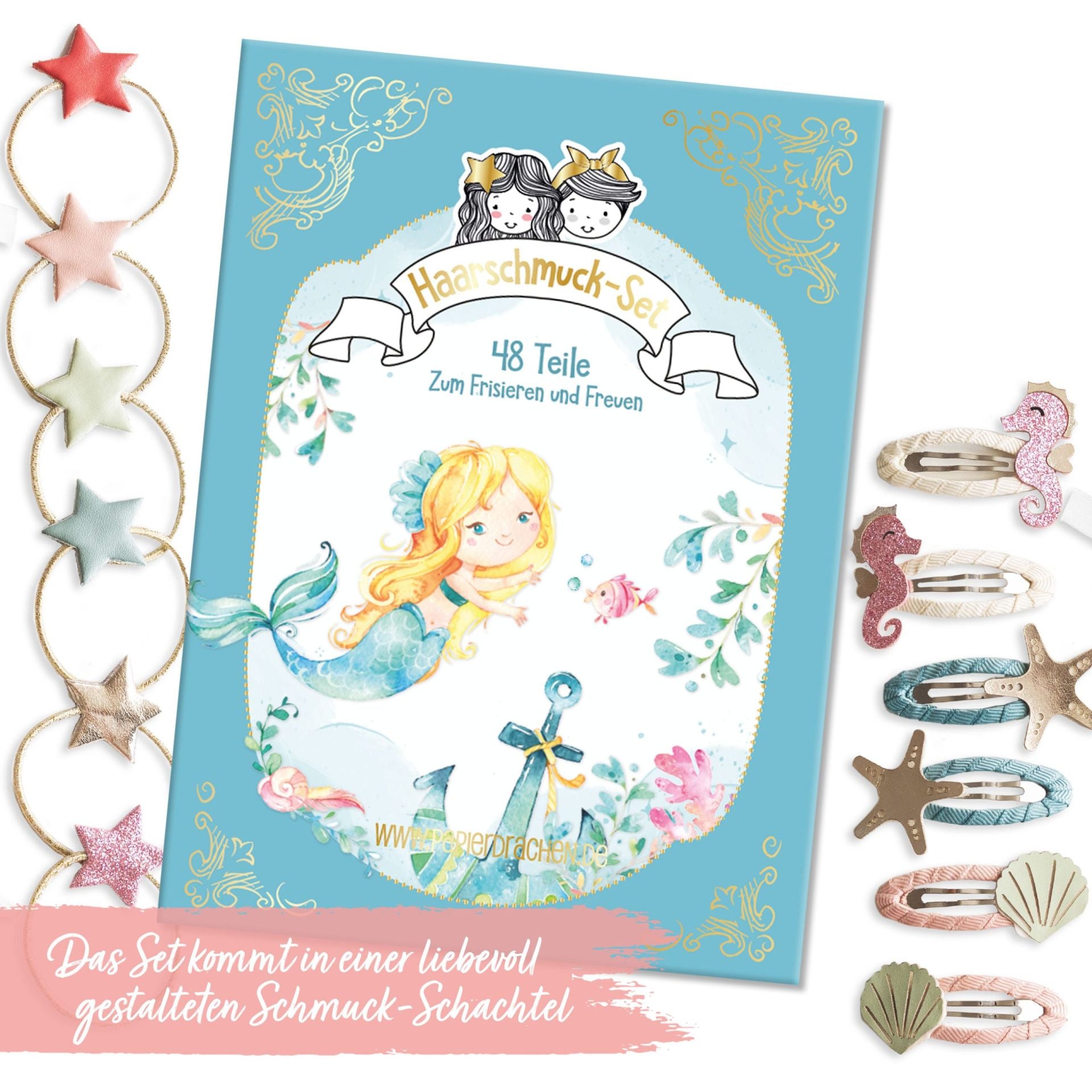 48 Haarspangen & Haargummis Set – Sterne & Schleifen für Kinder