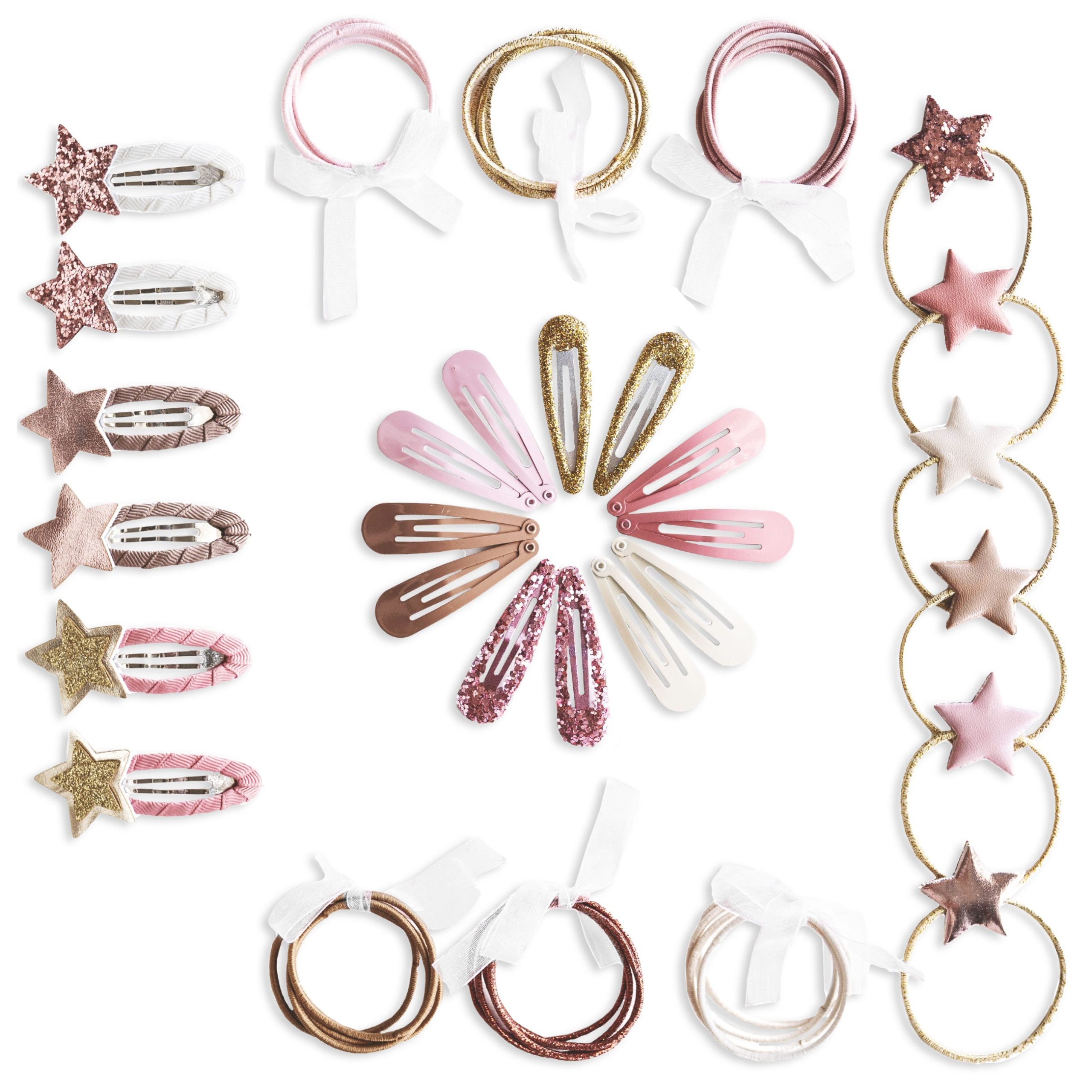 48 Haarspangen & Haargummis Set – Sterne & Schleifen für Kinder