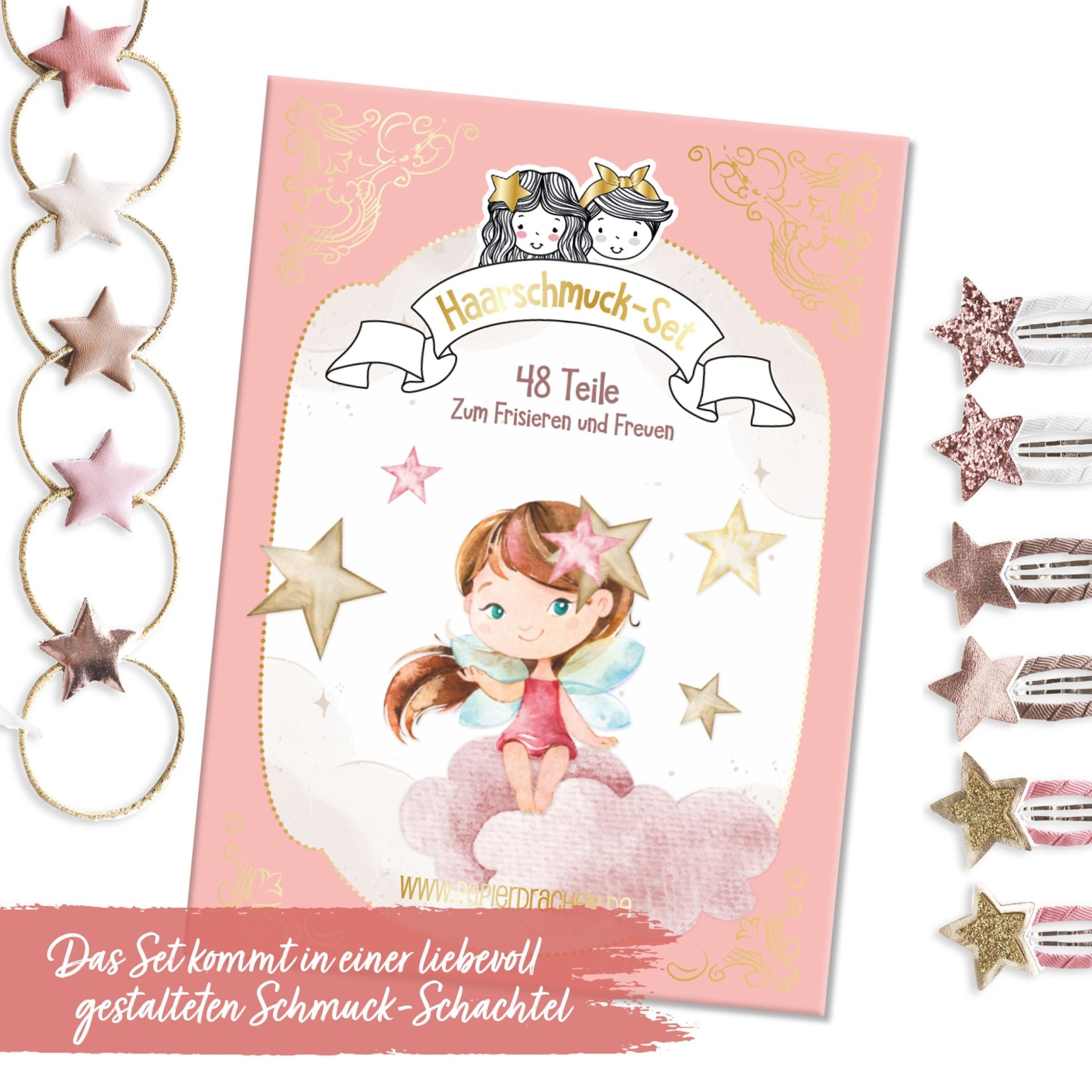 48 Haarspangen & Haargummis Set – Sterne & Schleifen für Kinder