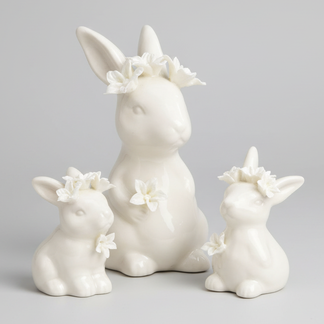 Hase Stehend – Porzellan mit Blumendekor Weiß