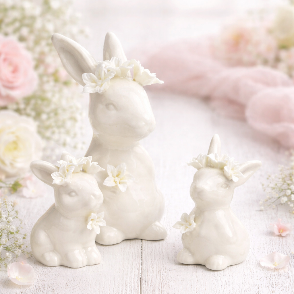 Hase Stehend – Porzellan mit Blumendekor Weiß