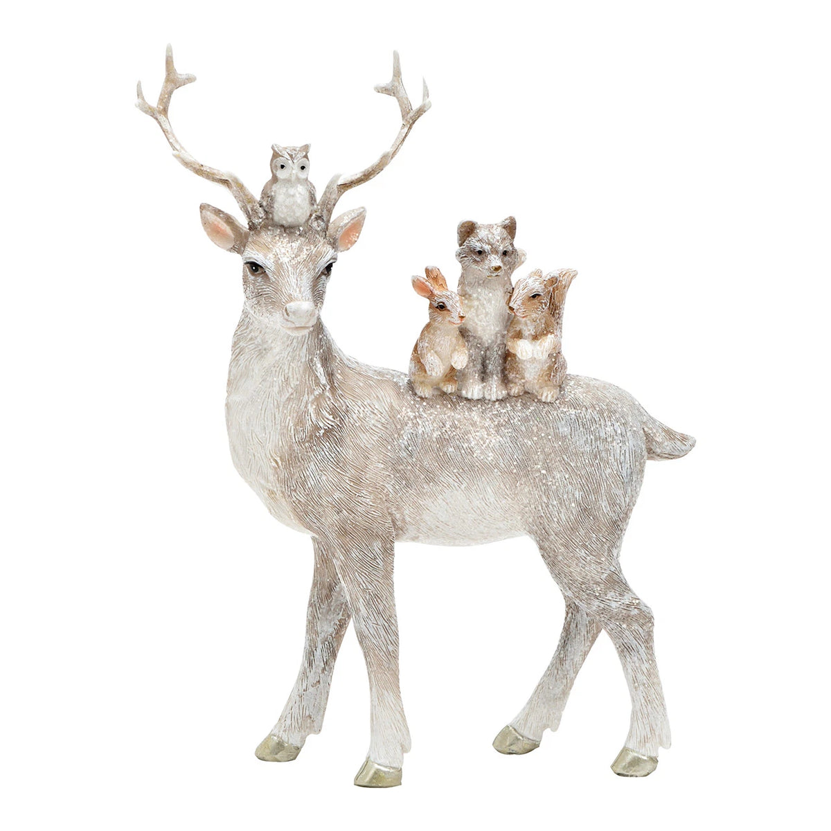 Stehender Deko-Hirsch mit Waldtieren - 19 cm hoch