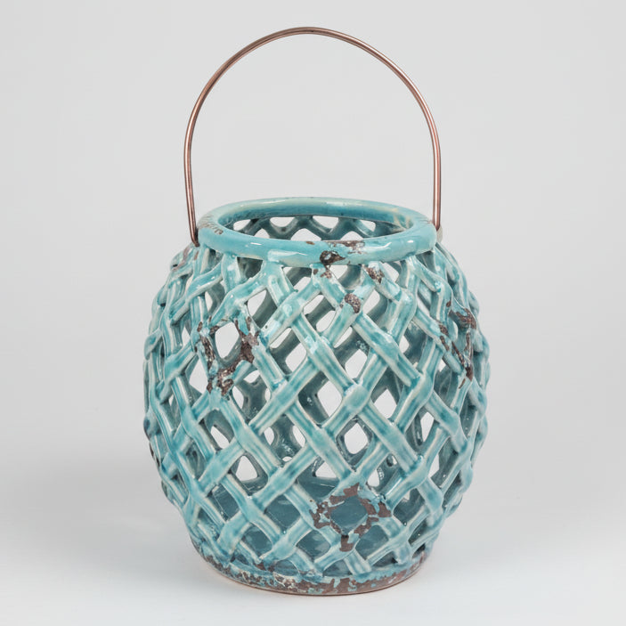 Windlicht Laotse Klein – Keramik Windlicht Mint & Blau ø10x15cm