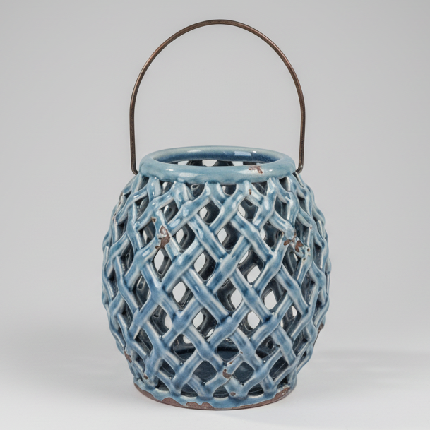 Windlicht Laotse Klein – Keramik Windlicht Mint & Blau ø10x15cm