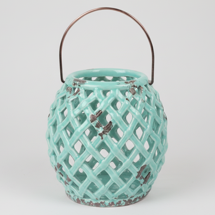 Windlicht Laotse Klein – Keramik Windlicht Mint & Blau ø10x15cm