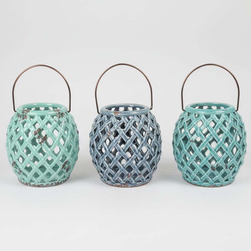 Windlicht Laotse Klein – Keramik Windlicht Mint & Blau ø10x15cm