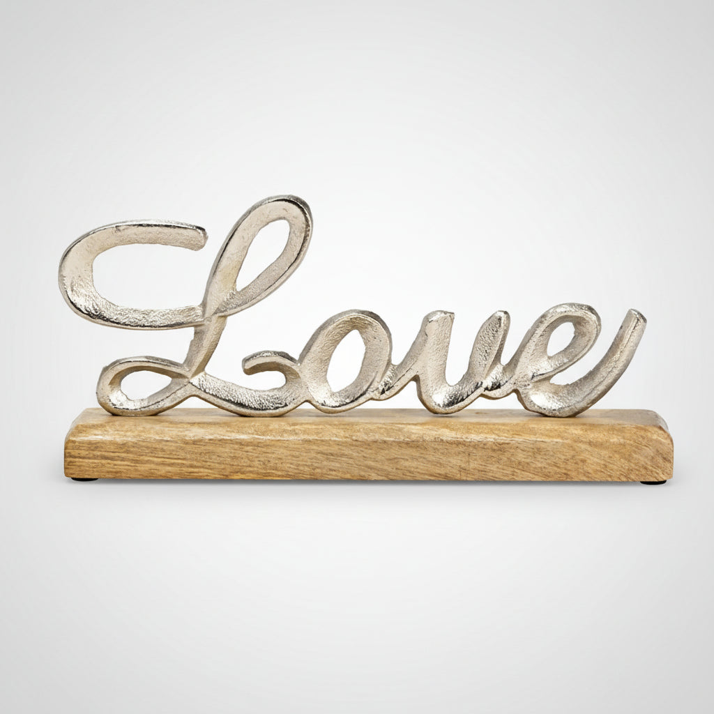 Aufsteller Love – Schriftzug auf Mangoholz Sockel Silber