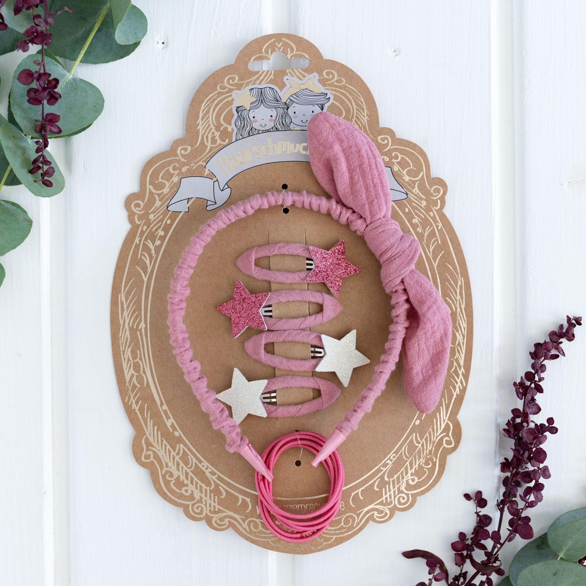 Musselin Haar-Accessoires Set – Haarreif, 4 Spangen & 7 Haargummis