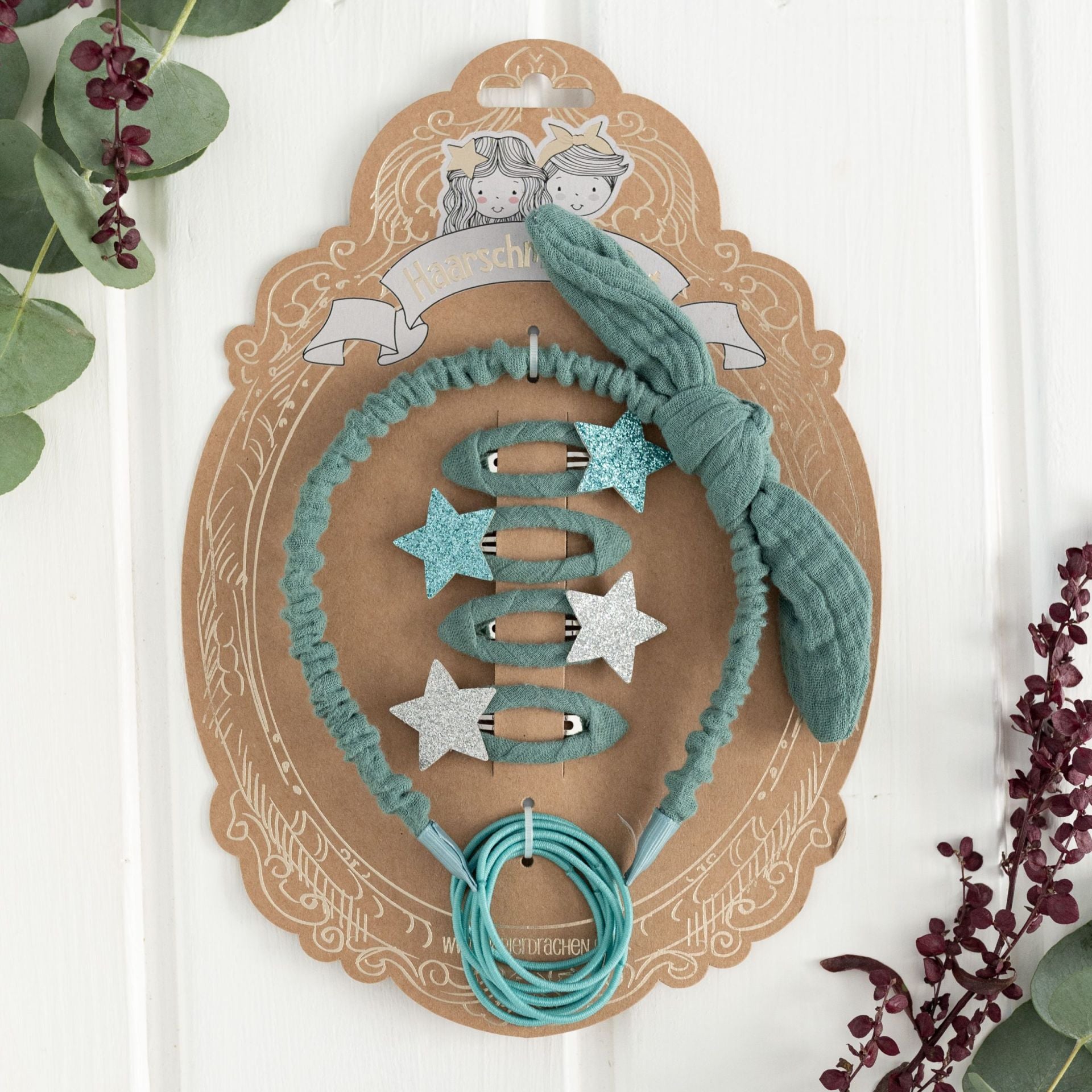 Musselin Haar-Accessoires Set – Haarreif, 4 Spangen & 7 Haargummis