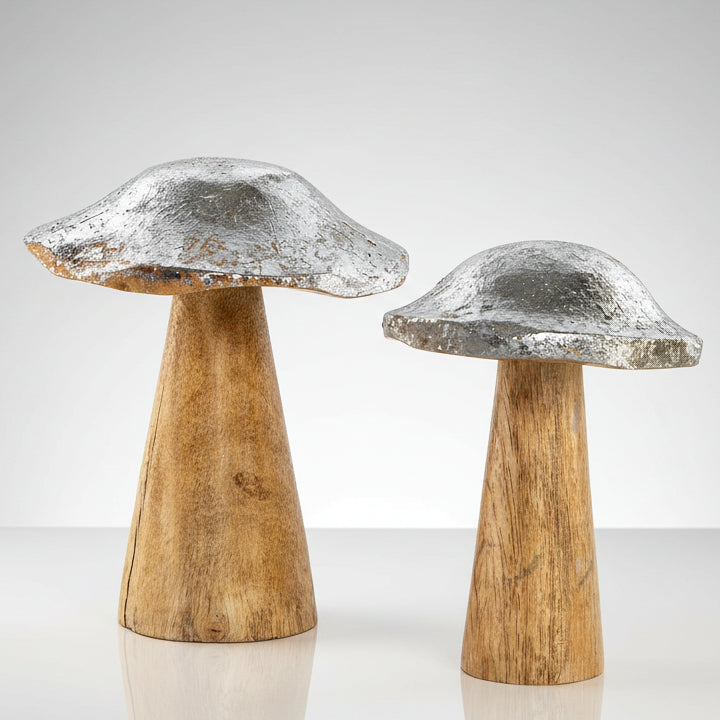 Dekofigur Pilz Holz Silber Braun - Herbst & Weihnachtsdeko
