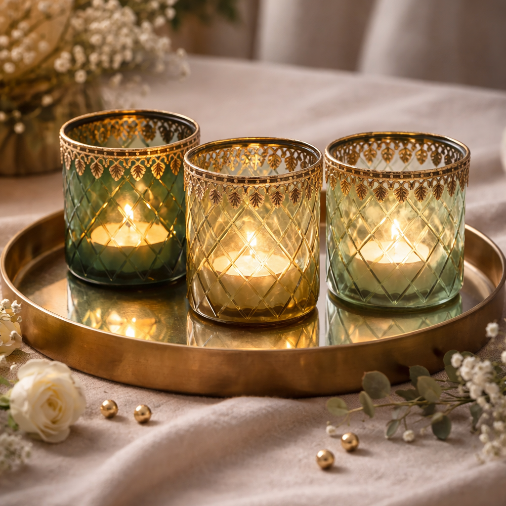 Windlicht Grün mit Metallrand – Stilvolles Glas-Teelichthalter