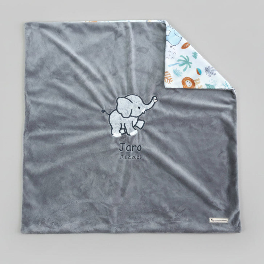 kuschelige Babydecke mit Elefantenmotiv in dunkelgrau aus Minky-Polyester in Grösse 73 x 73 cm Swiss Made