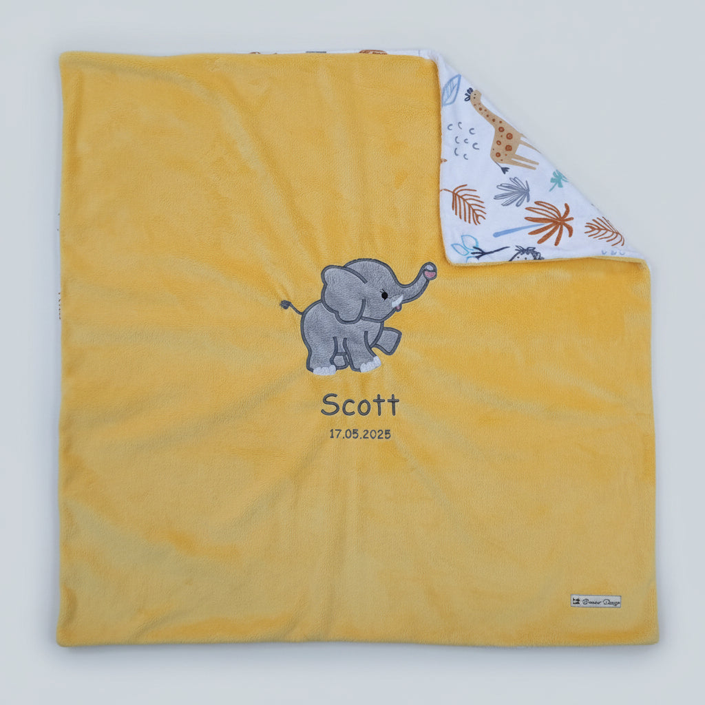 kuschelige Babydecke mit Elefantenmotiv in gelb aus Minky-Polyester in Grösse 73 x 73 cm Swiss Made