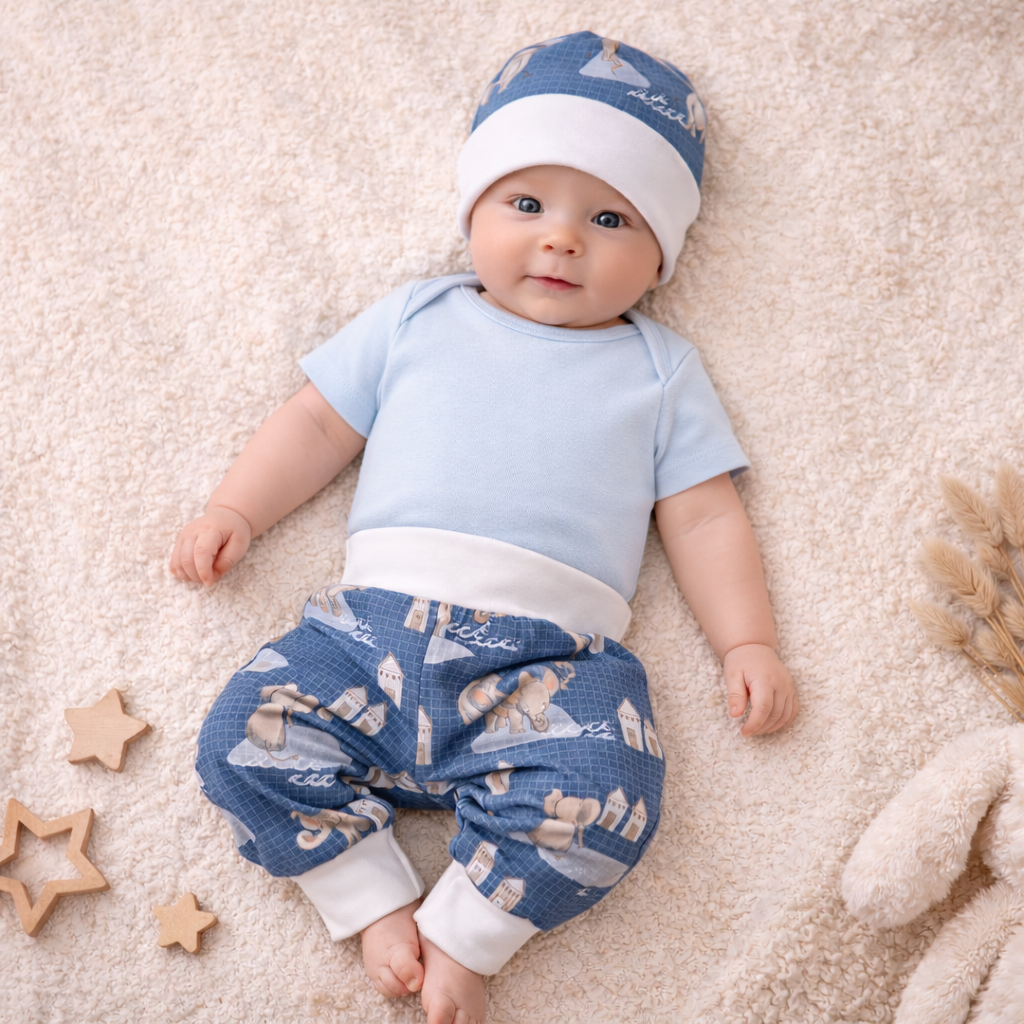 Babykleider aus Baumwolljersey mit Elefantenmotiv in blau und weiss, handgefertigt in der Schweiz, swiss made