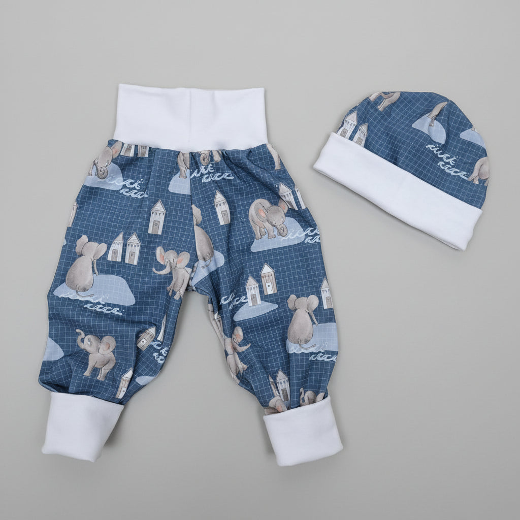 Babykleider aus Baumwolljersey mit Elefantenmotiv in blau und weiss, handgefertigt in der Schweiz, swiss made