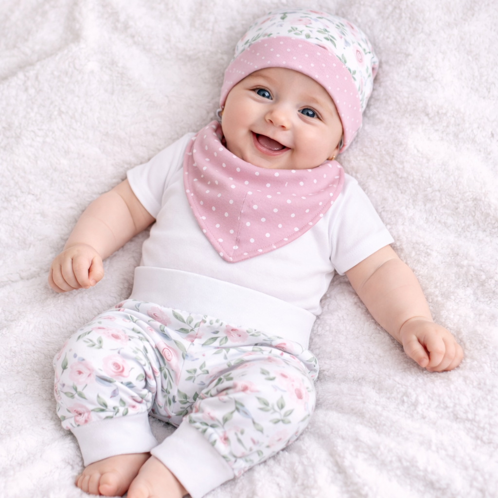 Babykleiderset aus Baumwolljersey mit Rosenmotiv in weiss und rosa, handgefertigt in der Schweiz, swiss made