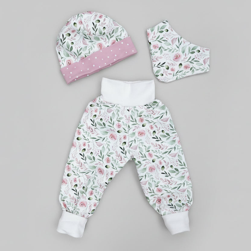 Babykleiderset aus Baumwolljersey mit Rosenmotiv in weiss und rosa, handgefertigt in der Schweiz, swiss made