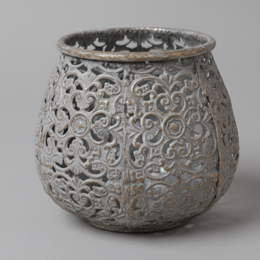 Windlicht Metall Grau/Gold – Gestanzt mit orientalischem Muster