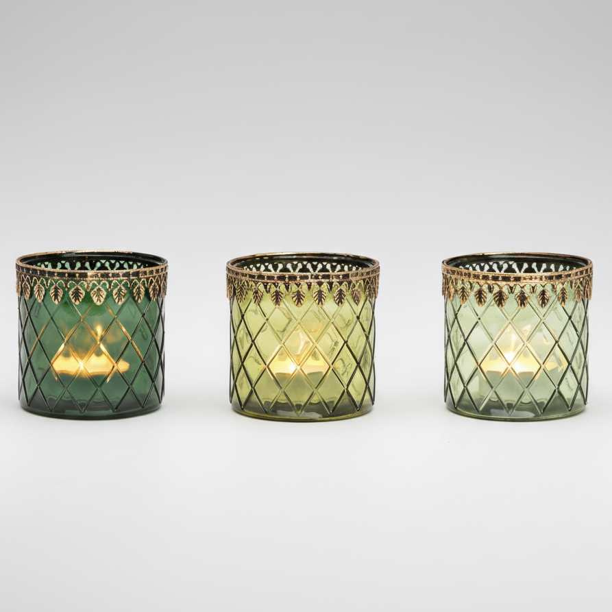 Windlicht Grün mit Metallrand – Stilvolles Glas-Teelichthalter