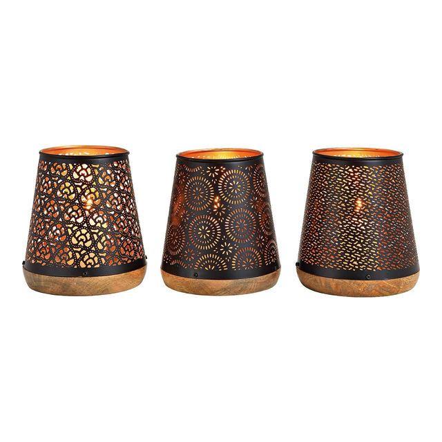 Windlicht Metall & Mangoholz Schwarz-Gold