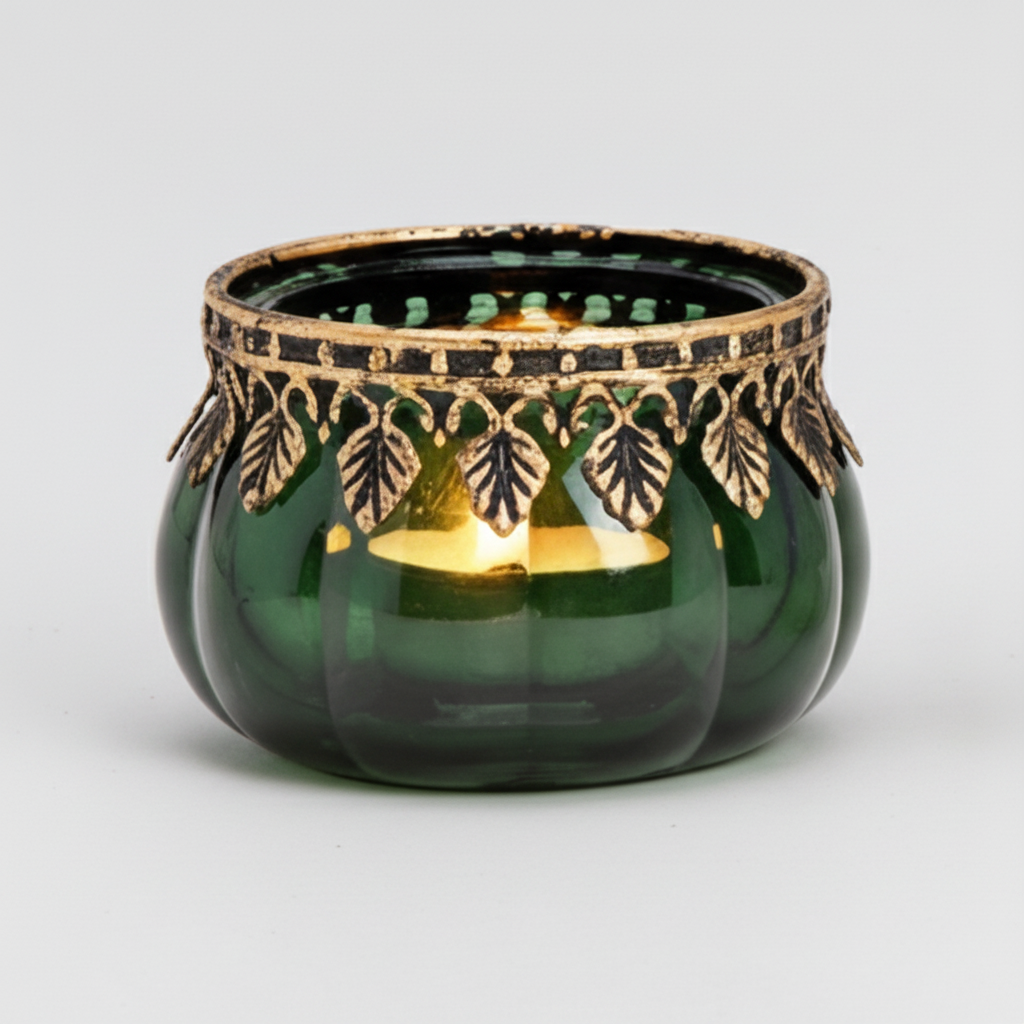 Windlicht Grün mit Metallrand - Glas Teelichthalter 8 cm