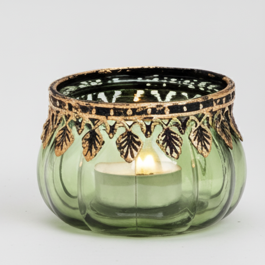 Windlicht Grün mit Metallrand - Glas Teelichthalter 8 cm