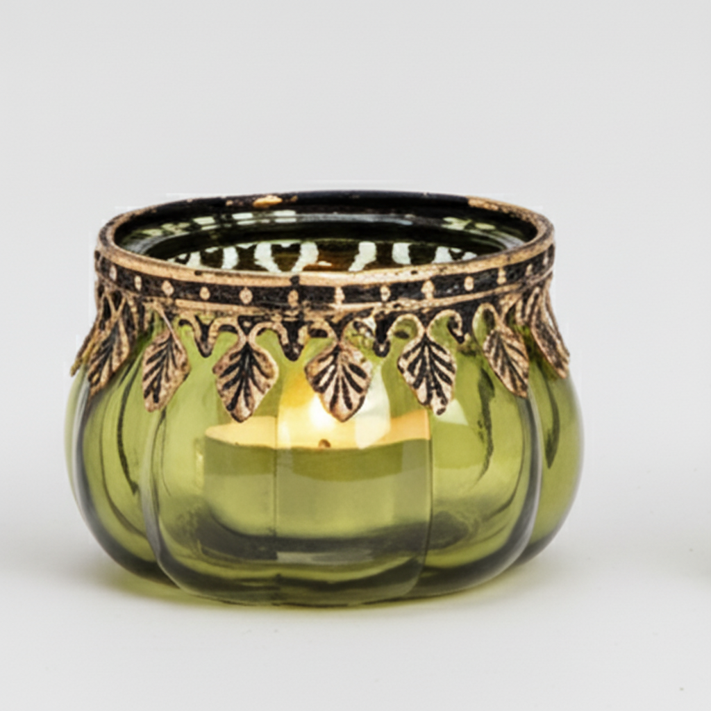 Windlicht Grün mit Metallrand - Glas Teelichthalter 8 cm
