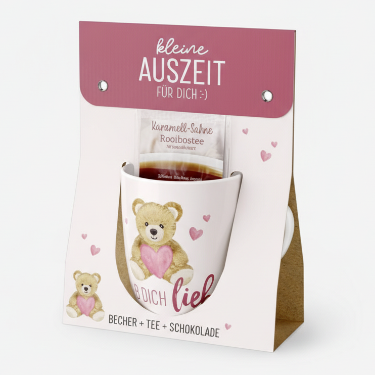 Geschenkset "Hab Dich lieb" mit Becher, Tee und Schokolade - Kleine Auszeit mit Teddybär-Motiv